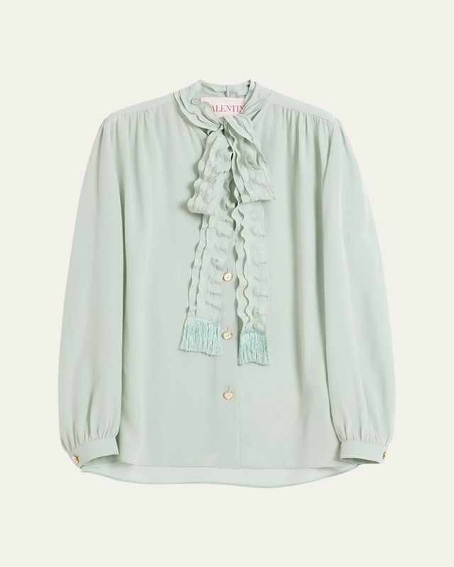 Ruffle Tie-Neck Silk Blouse